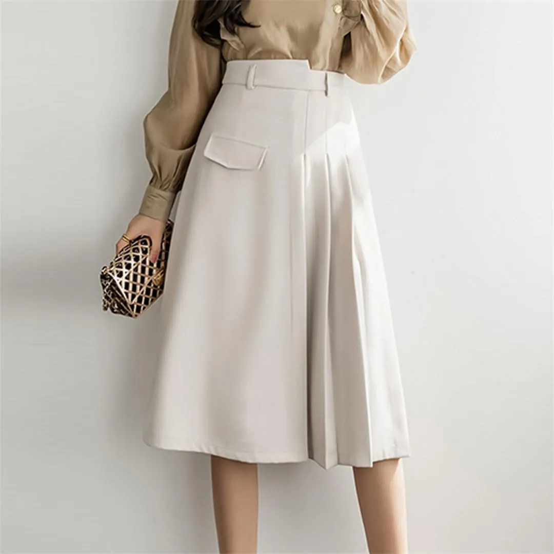 Women Pleated Skirts High Waist A-Line OL Style Formal Midi Skirts Harajuku Chic Street School Skirt