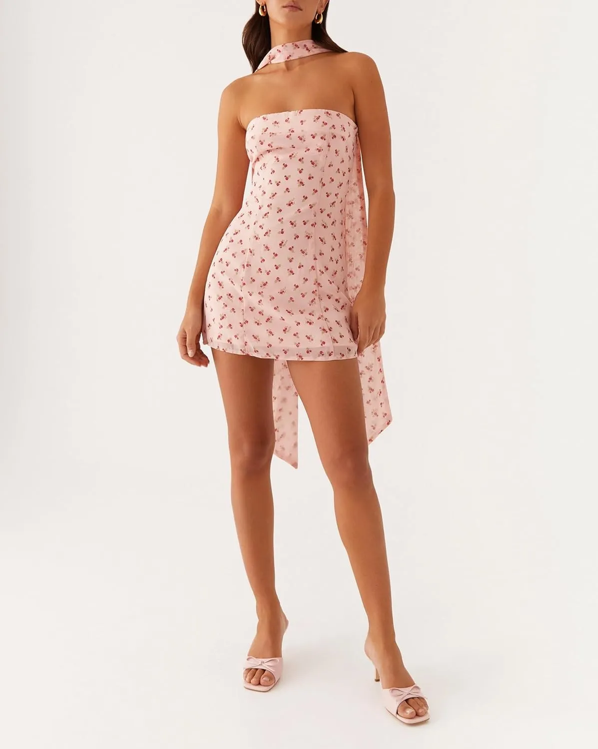 Women Ruffle Floral Strapless Mini Dress Y2K Mesh A Line Short Dress Cute Floral Scarf Tube Dresses Vacation Beach