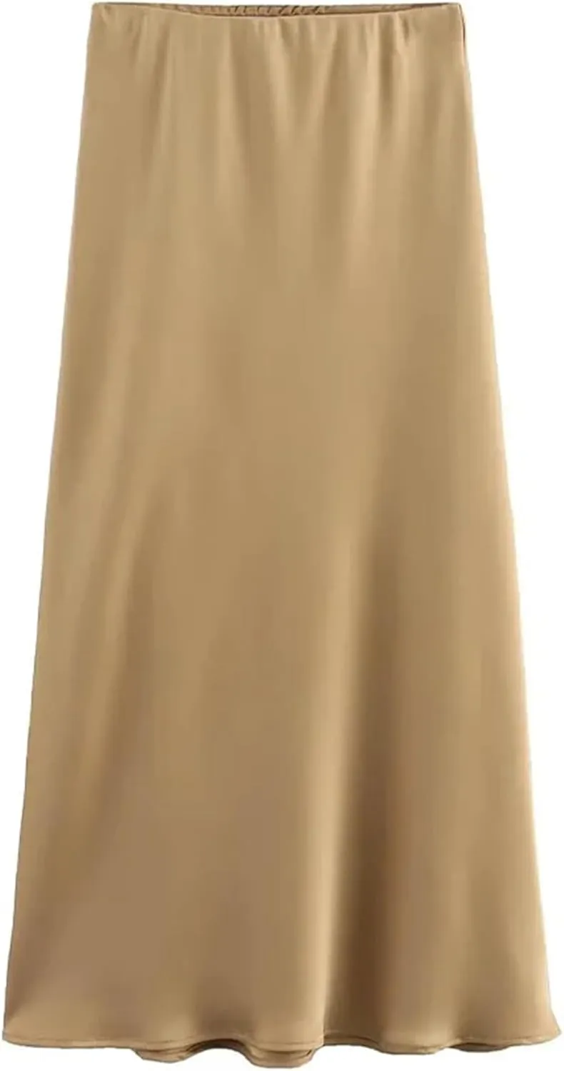 Women Satin Solid Pleated Midi Skirt Vintage Mid Elastic Waist Female Chic Lady Skirts