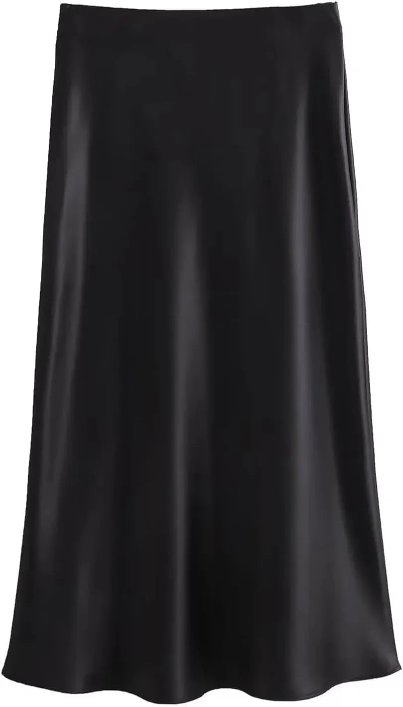 Women Satin Solid Pleated Midi Skirt Vintage Mid Elastic Waist Female Chic Lady Skirts