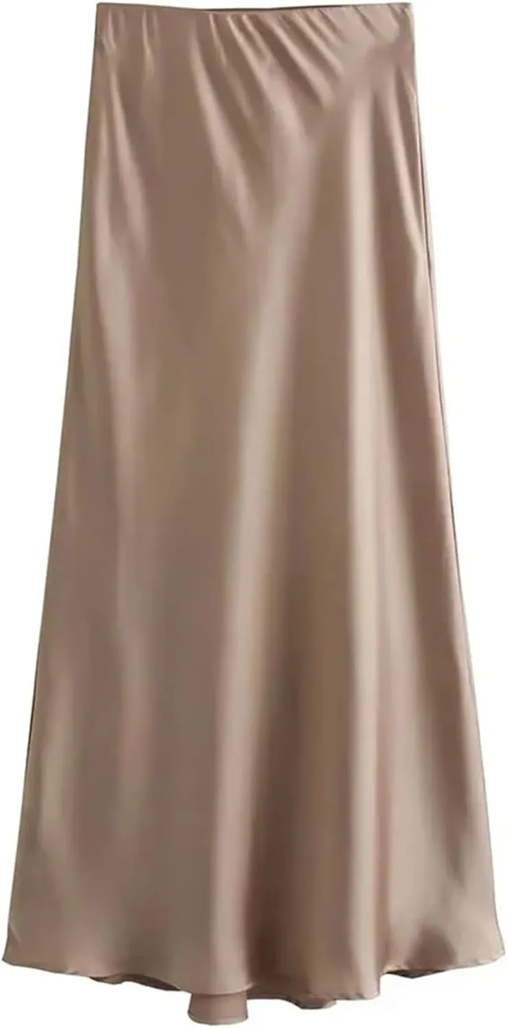 Women Satin Solid Pleated Midi Skirt Vintage Mid Elastic Waist Female Chic Lady Skirts
