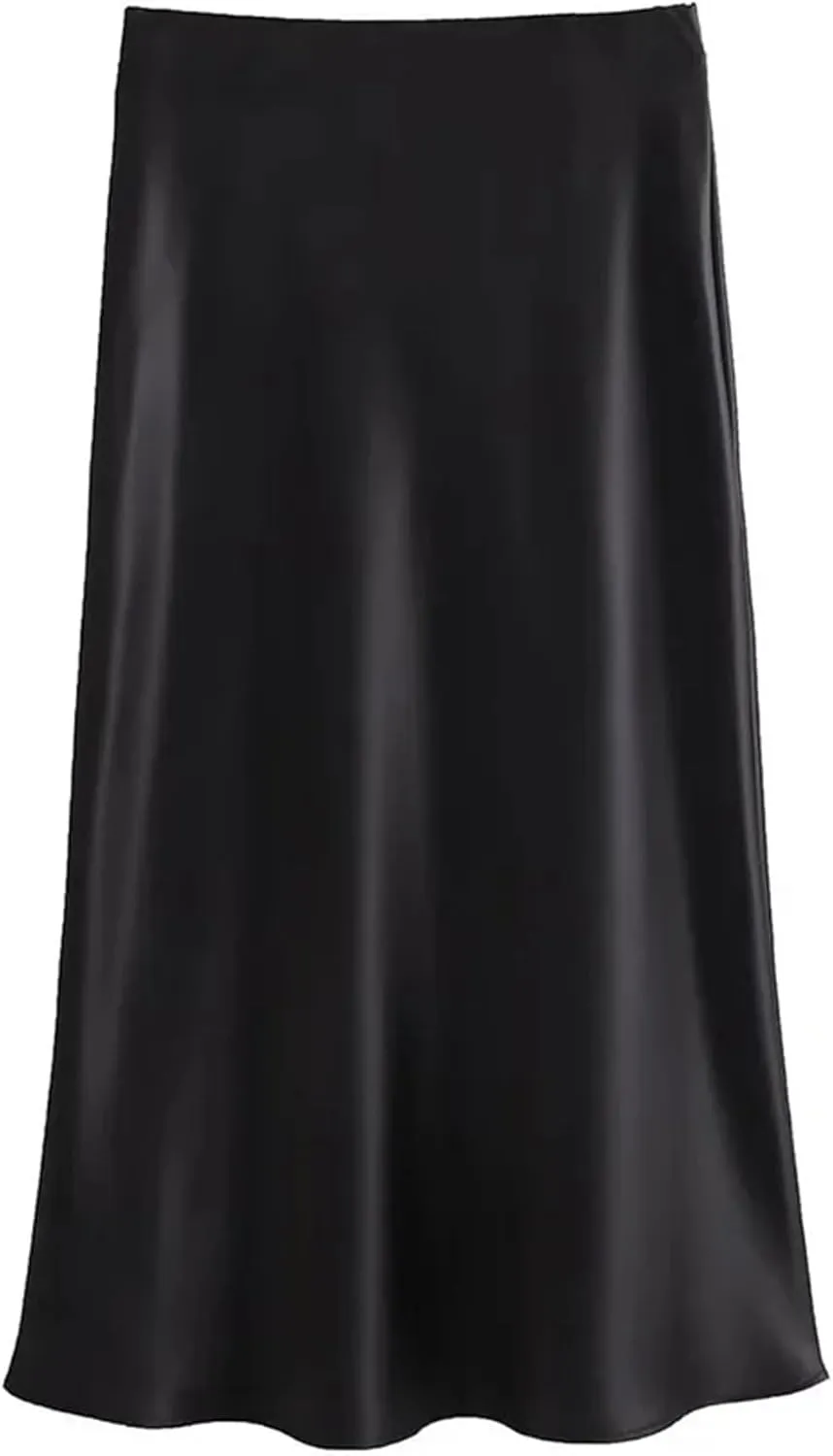 Women Satin Solid Pleated Midi Skirt Vintage Mid Elastic Waist Female Chic Lady Skirts