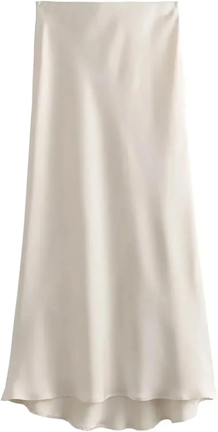 Women Satin Solid Pleated Midi Skirt Vintage Mid Elastic Waist Female Chic Lady Skirts