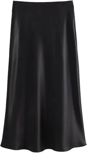 Women Satin Solid Pleated Midi Skirt Vintage Mid Elastic Waist Female Chic Lady Skirts