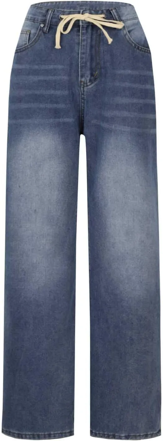 Women Straight Leg Jeans,High Waisted Bow Baggy Jeans Wide Leg Loose Y2K Teen Girl Boyfried Denim Pants with Pockets