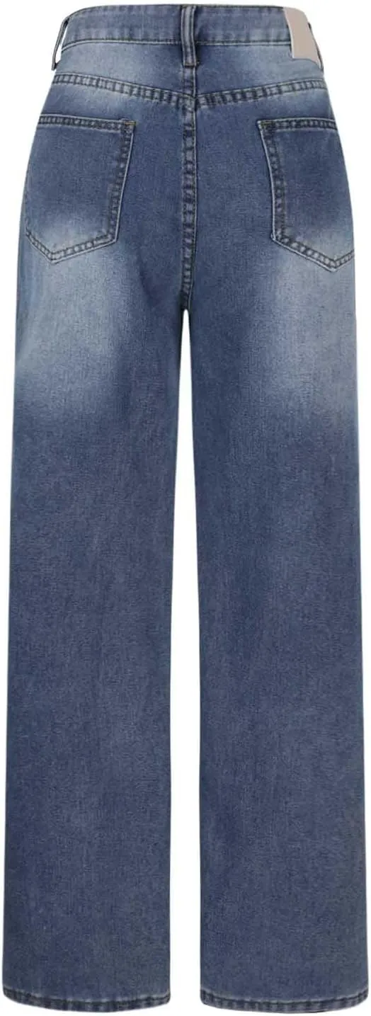 Women Straight Leg Jeans,High Waisted Bow Baggy Jeans Wide Leg Loose Y2K Teen Girl Boyfried Denim Pants with Pockets