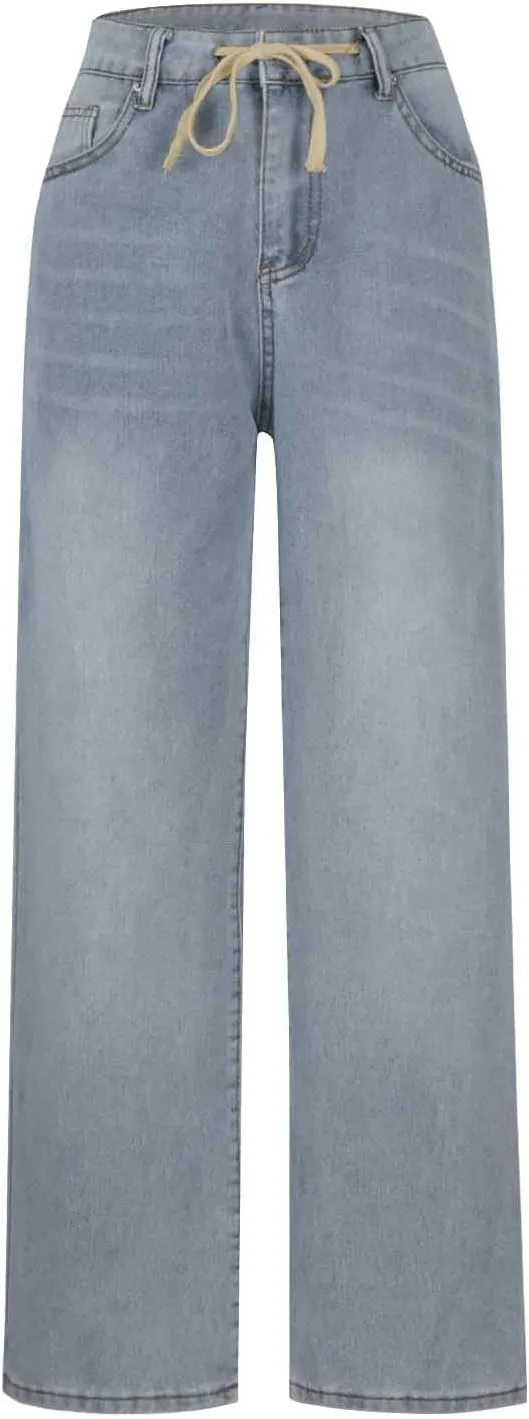 Women Straight Leg Jeans,High Waisted Bow Baggy Jeans Wide Leg Loose Y2K Teen Girl Boyfried Denim Pants with Pockets