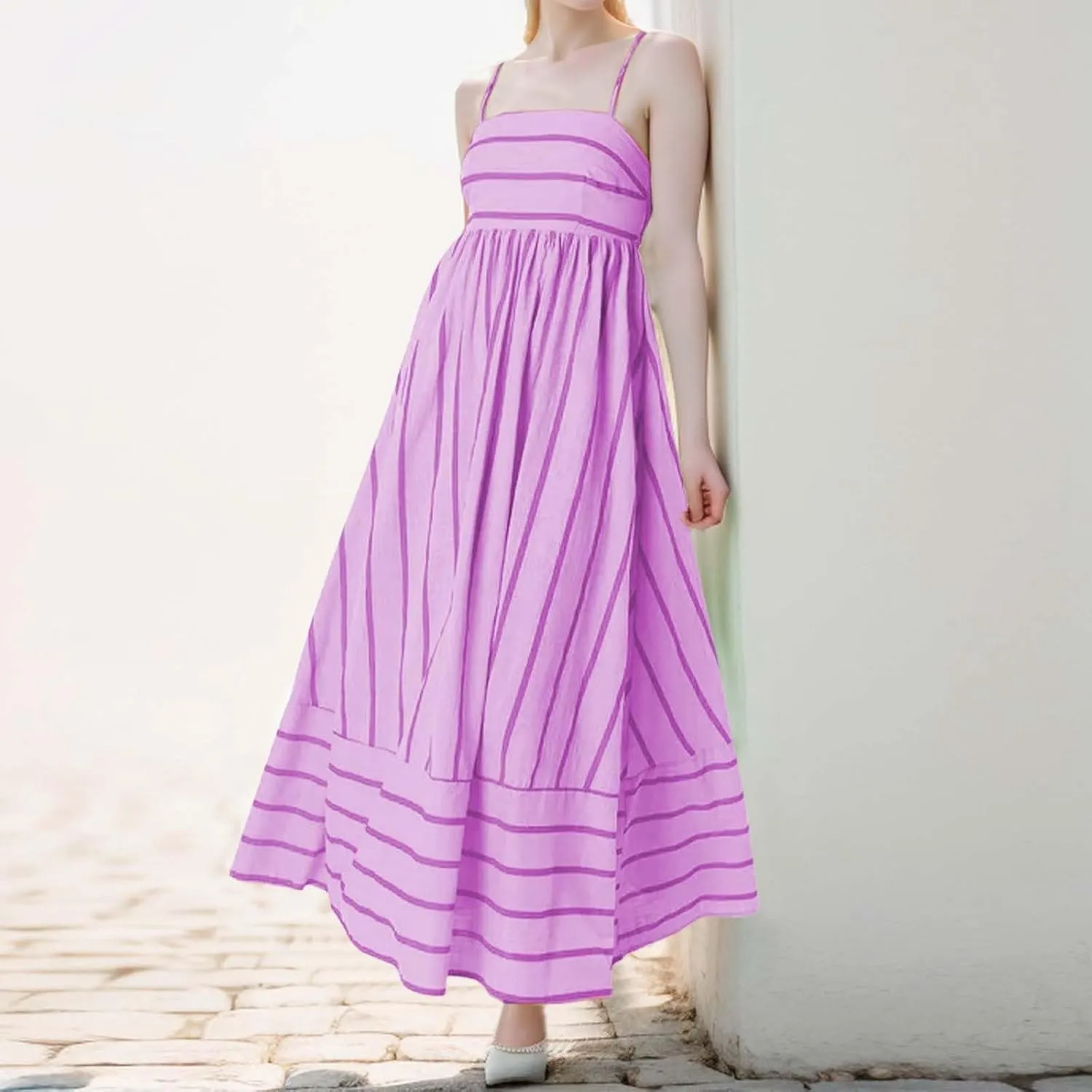 Women Striped Print Maxi Dress Spaghetti Strap Flowy Tiered Dress Sleeveless Casual Summer Sundress, 3X-Large, Black
