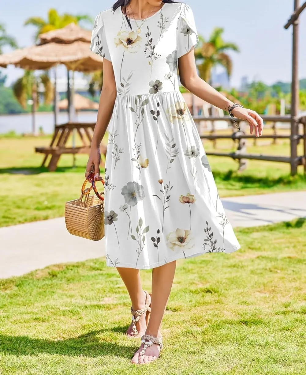 Women Summer Short Sleeve Midi Dress with Pockets Casual Aline Flowy Tshirt Dress Floral Vocation Beach Sundress