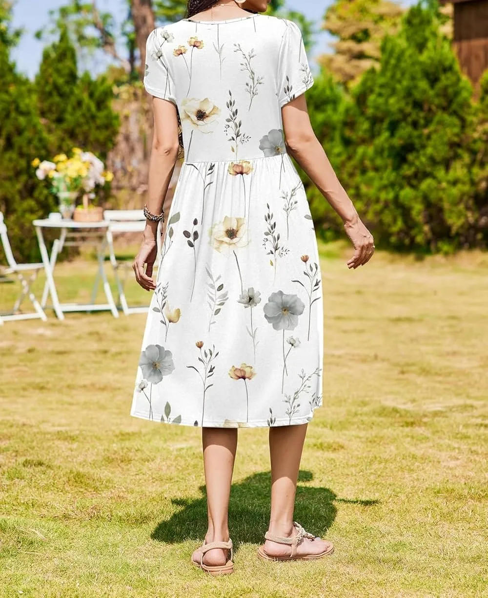 Women Summer Short Sleeve Midi Dress with Pockets Casual Aline Flowy Tshirt Dress Floral Vocation Beach Sundress