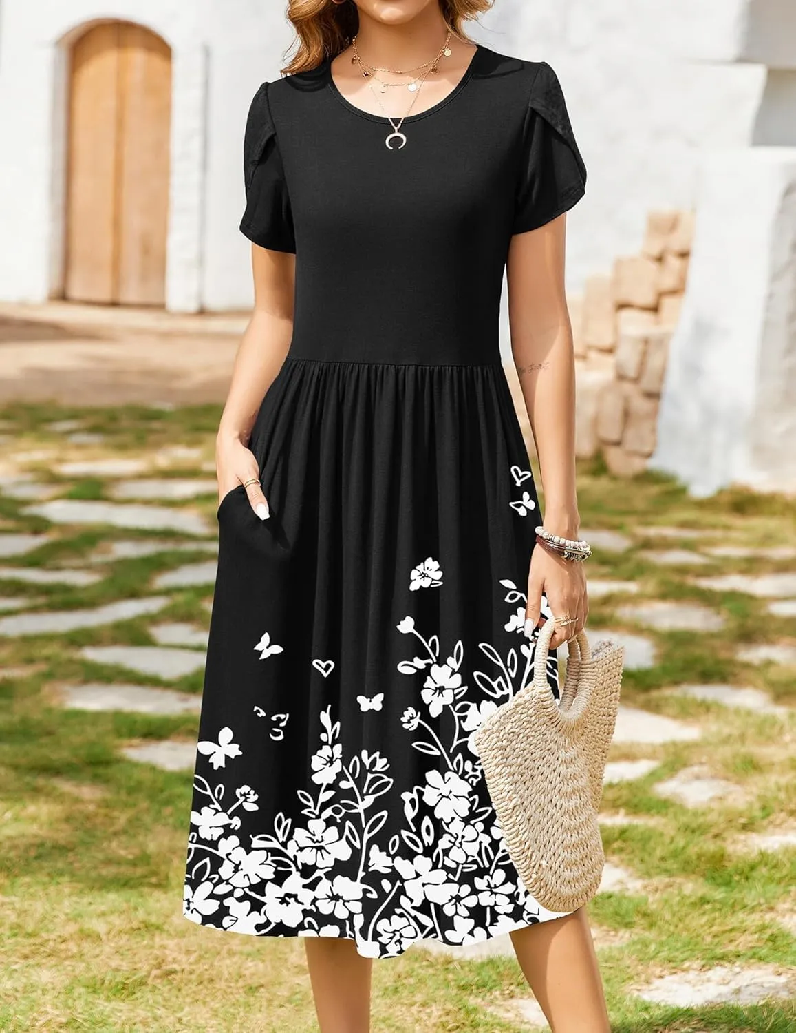 Women Summer Short Sleeve Midi Dress with Pockets Casual Aline Flowy Tshirt Dress Floral Vocation Beach Sundress