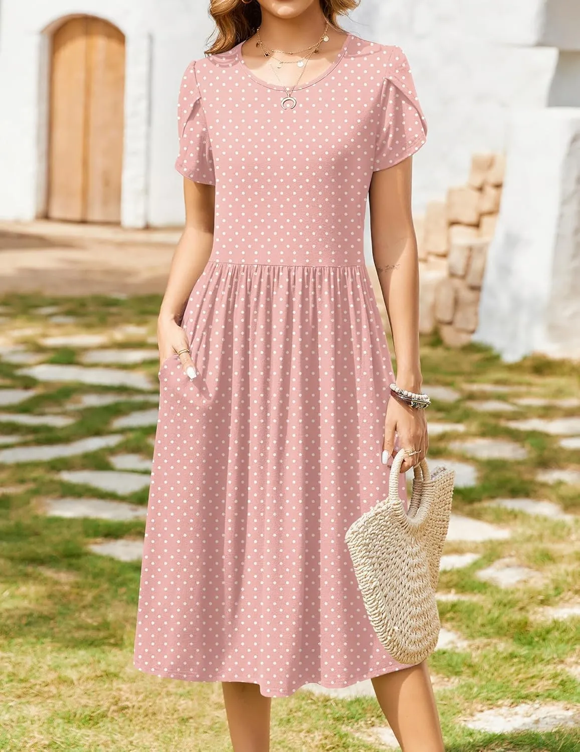 Women Summer Short Sleeve Midi Dress with Pockets Casual Aline Flowy Tshirt Dress Floral Vocation Beach Sundress