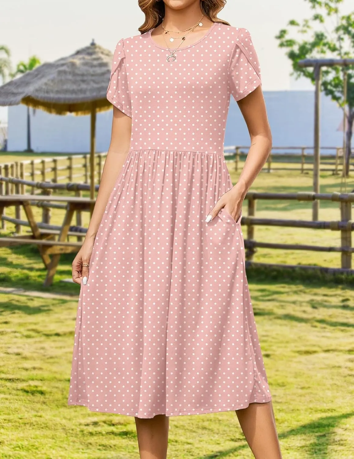 Women Summer Short Sleeve Midi Dress with Pockets Casual Aline Flowy Tshirt Dress Floral Vocation Beach Sundress