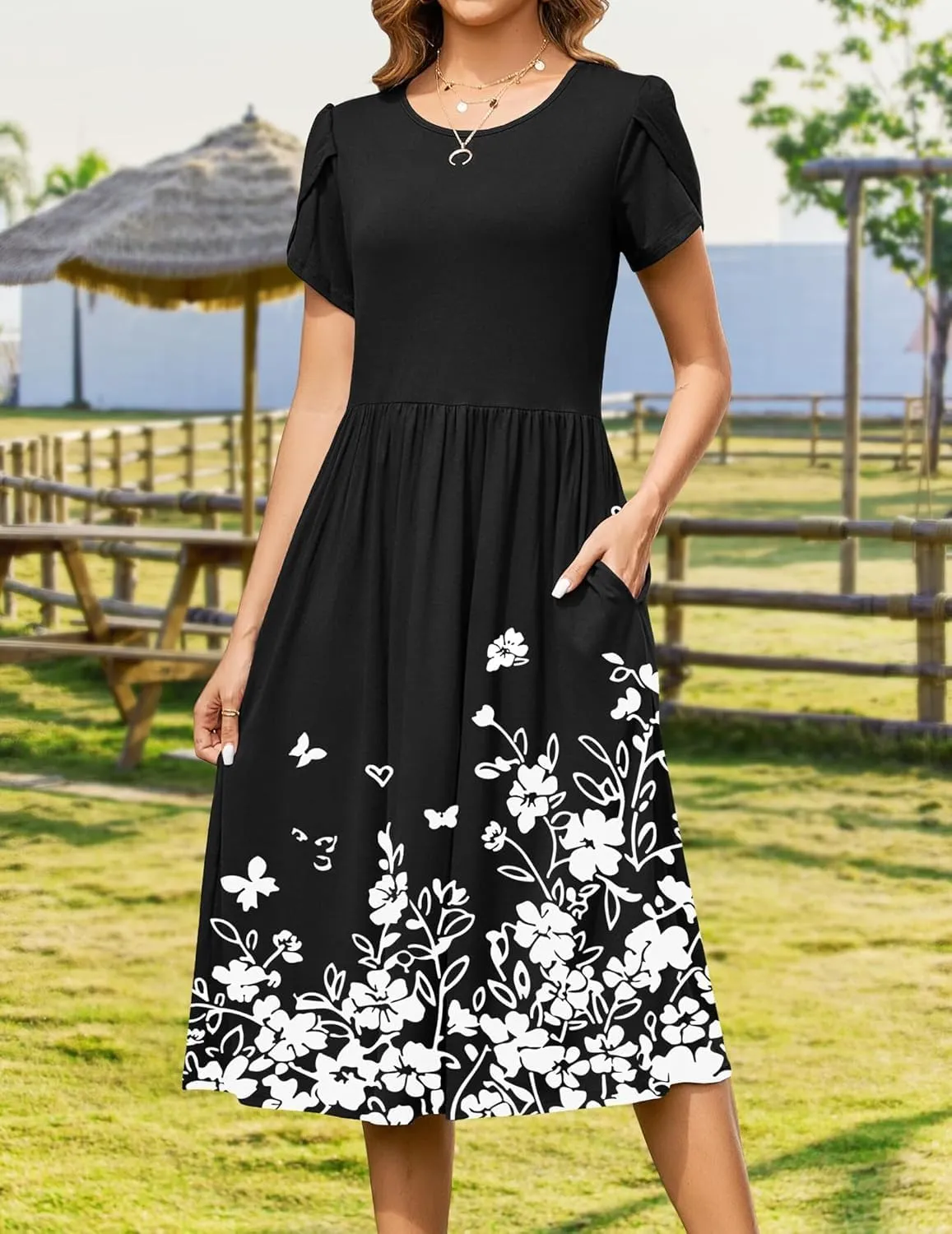 Women Summer Short Sleeve Midi Dress with Pockets Casual Aline Flowy Tshirt Dress Floral Vocation Beach Sundress