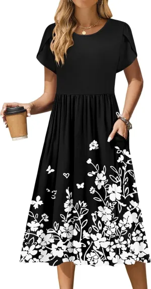 Women Summer Short Sleeve Midi Dress with Pockets Casual Aline Flowy Tshirt Dress Floral Vocation Beach Sundress