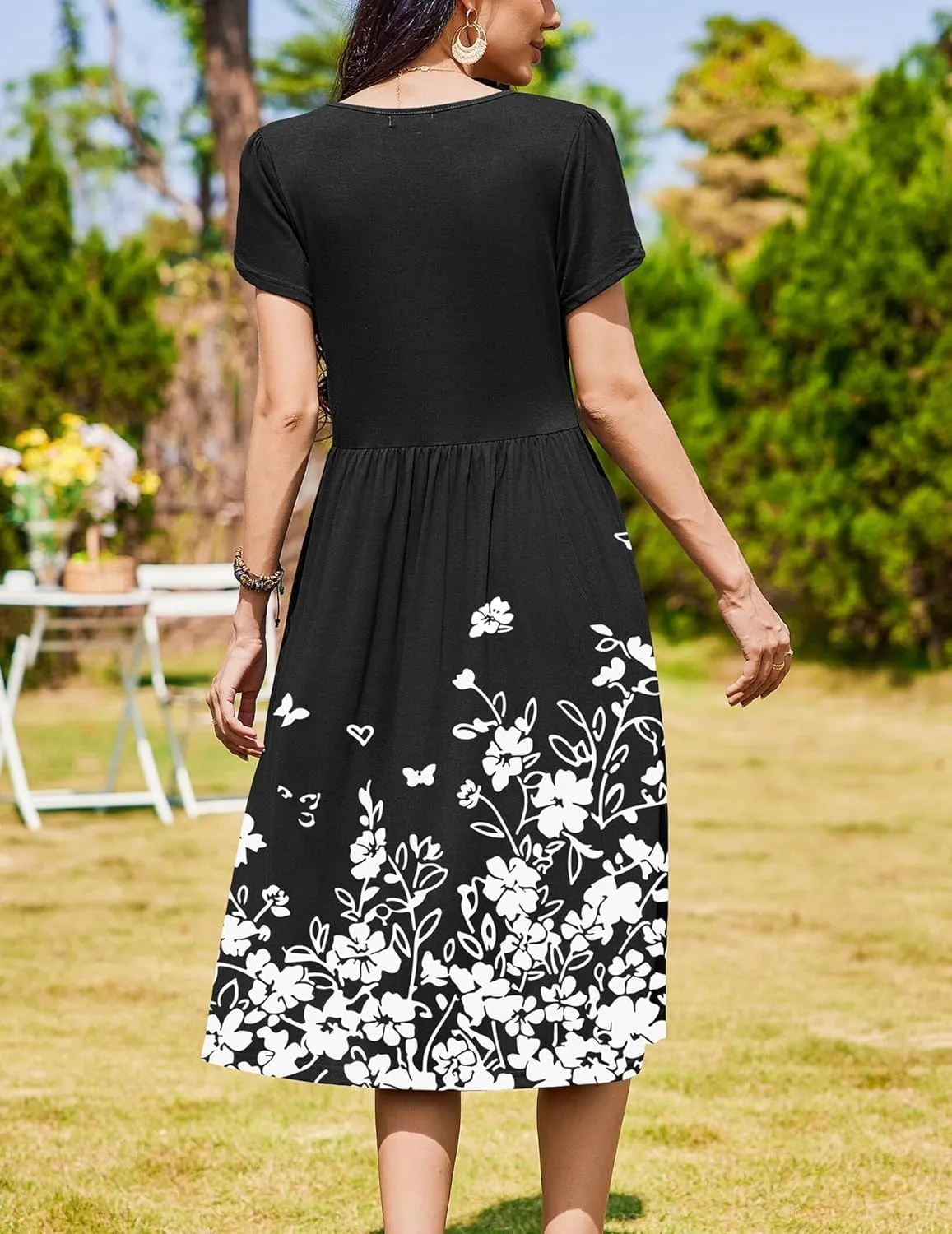Women Summer Short Sleeve Midi Dress with Pockets Casual Aline Flowy Tshirt Dress Floral Vocation Beach Sundress
