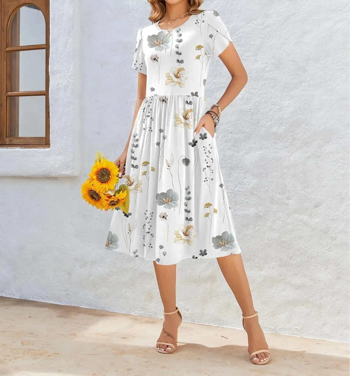 Women Summer Short Sleeve Midi Dress with Pockets Casual Aline Flowy Tshirt Dress Floral Vocation Beach Sundress