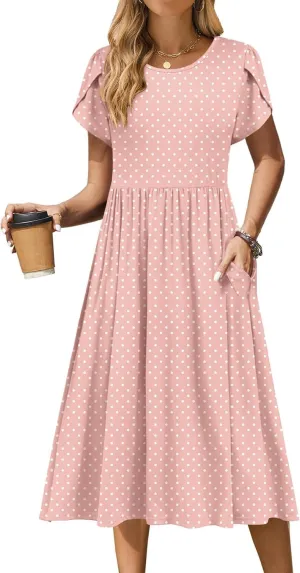 Women Summer Short Sleeve Midi Dress with Pockets Casual Aline Flowy Tshirt Dress Floral Vocation Beach Sundress