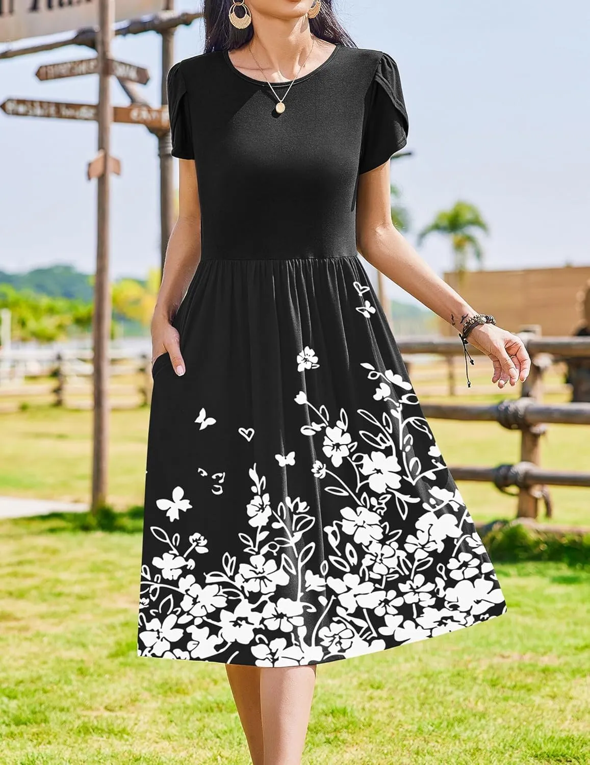 Women Summer Short Sleeve Midi Dress with Pockets Casual Aline Flowy Tshirt Dress Floral Vocation Beach Sundress
