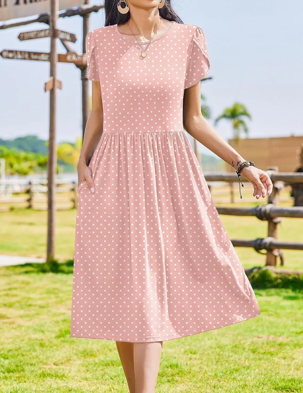 Women Summer Short Sleeve Midi Dress with Pockets Casual Aline Flowy Tshirt Dress Floral Vocation Beach Sundress