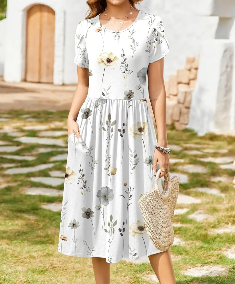Women Summer Short Sleeve Midi Dress with Pockets Casual Aline Flowy Tshirt Dress Floral Vocation Beach Sundress