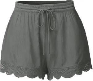 Women Summer Shorts Lace Trim Plus Size Casual Elastic Waist Wide Leg Lounge Shorts Bermuda Shorts