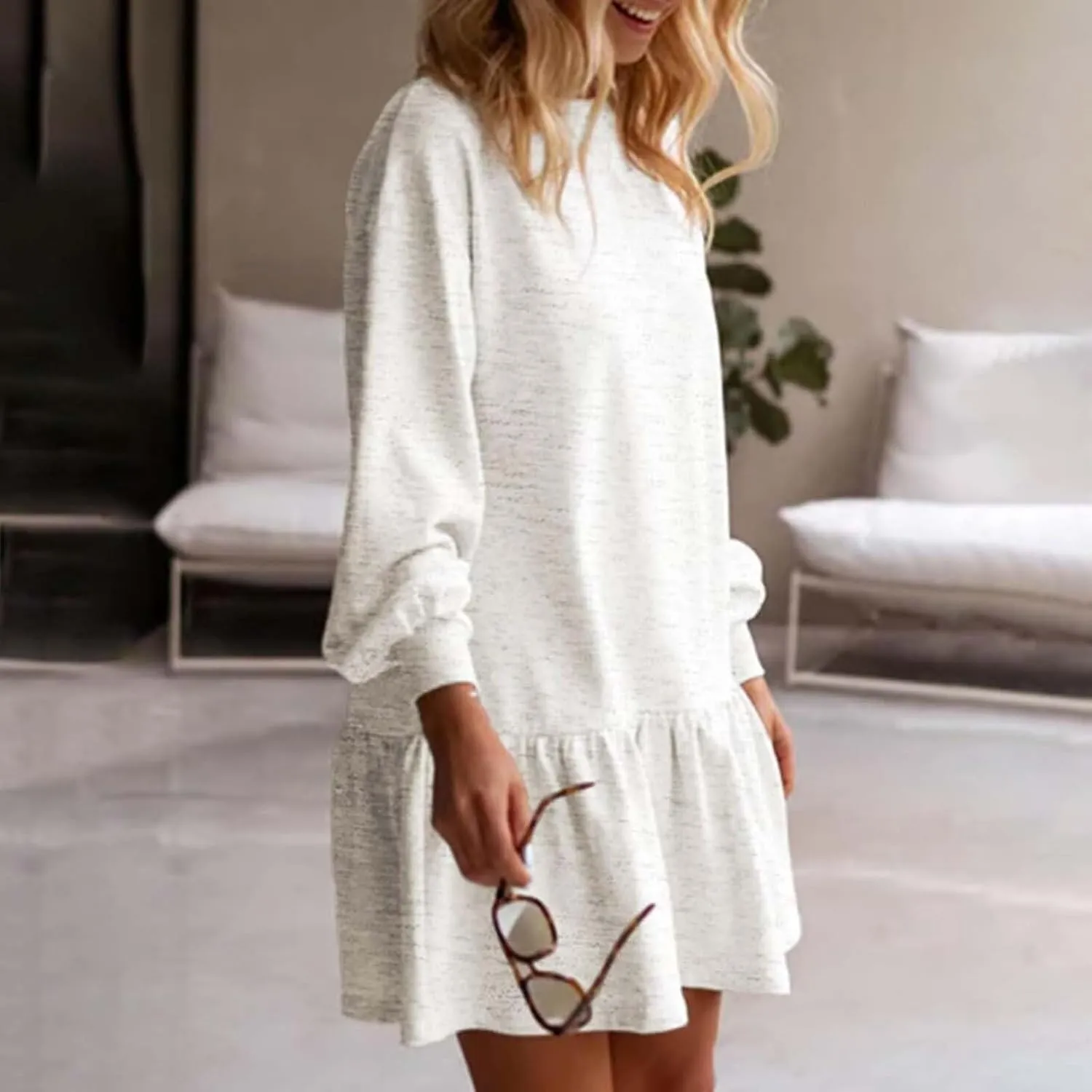 Women Sweatshirt Dress Long Sleeve Crewneck Pullover Fall Babydoll Dressy Tops Flowy Ruffled Sweatshirt Mini Dresses