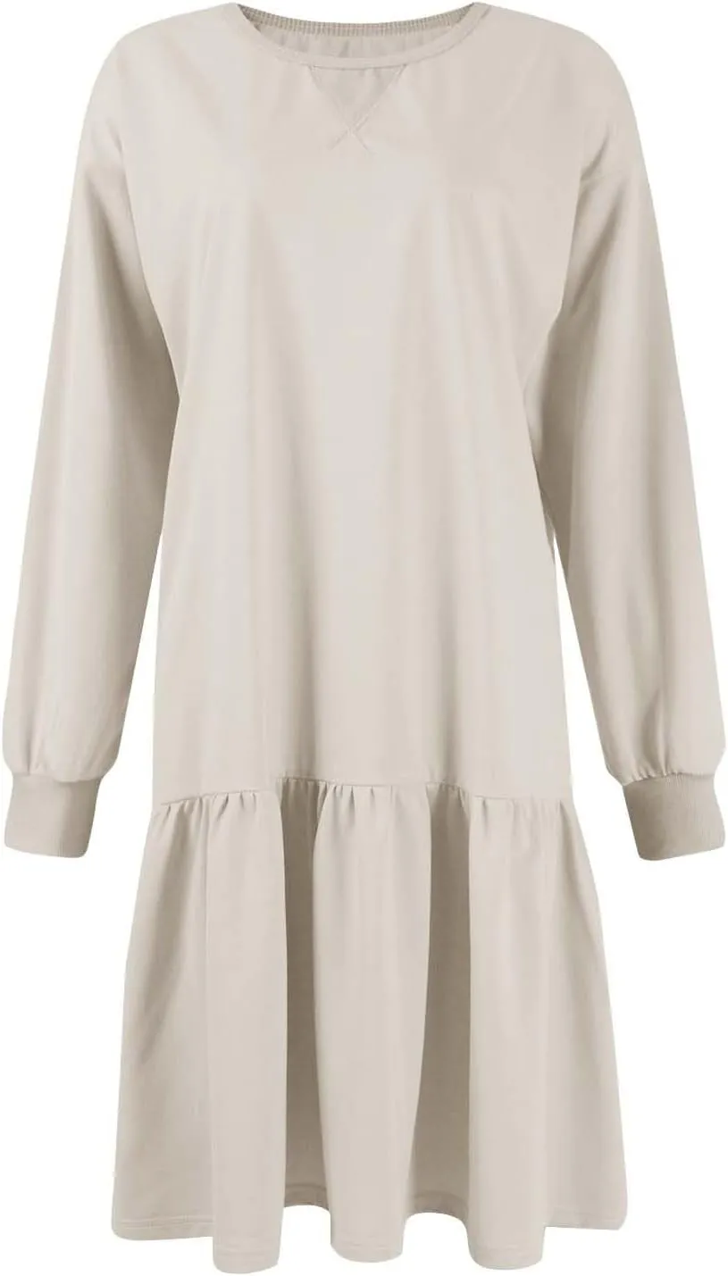 Women Sweatshirt Dress Long Sleeve Crewneck Pullover Fall Babydoll Dressy Tops Flowy Ruffled Sweatshirt Mini Dresses