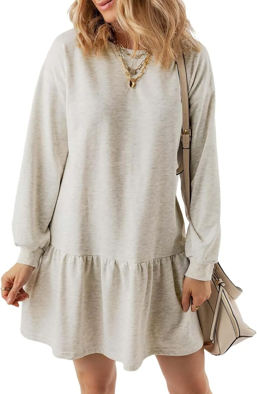 Women Sweatshirt Dress Long Sleeve Crewneck Pullover Fall Babydoll Dressy Tops Flowy Ruffled Sweatshirt Mini Dresses