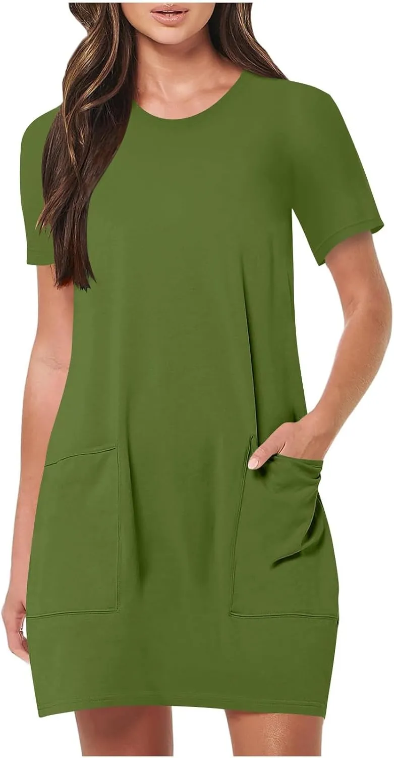 Women Tshirt Dress with Pockets Summer Casual Short Sleeve Sundresses Crew Neck Modest Dresses A Line Mini Dress