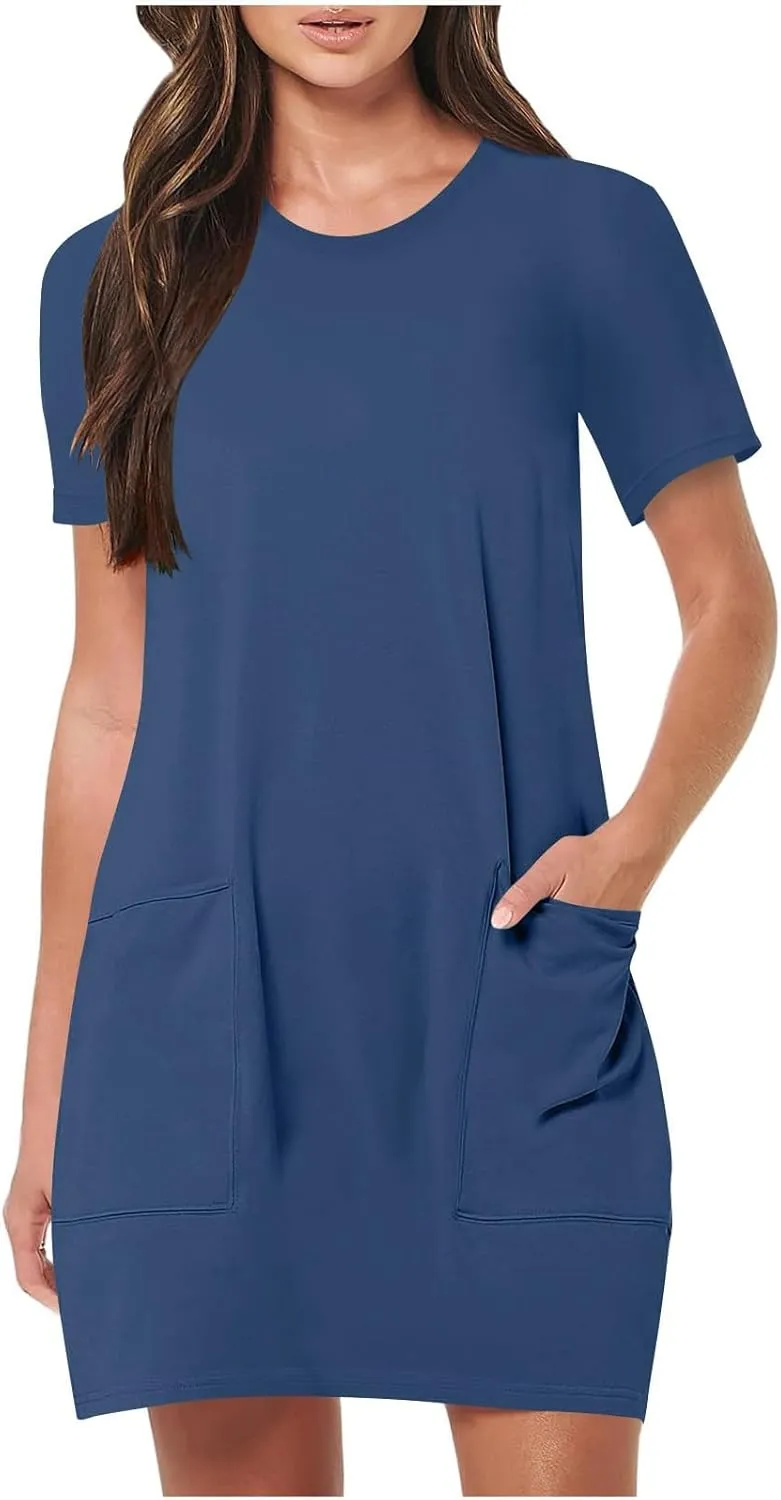 Women Tshirt Dress with Pockets Summer Casual Short Sleeve Sundresses Crew Neck Modest Dresses A Line Mini Dress