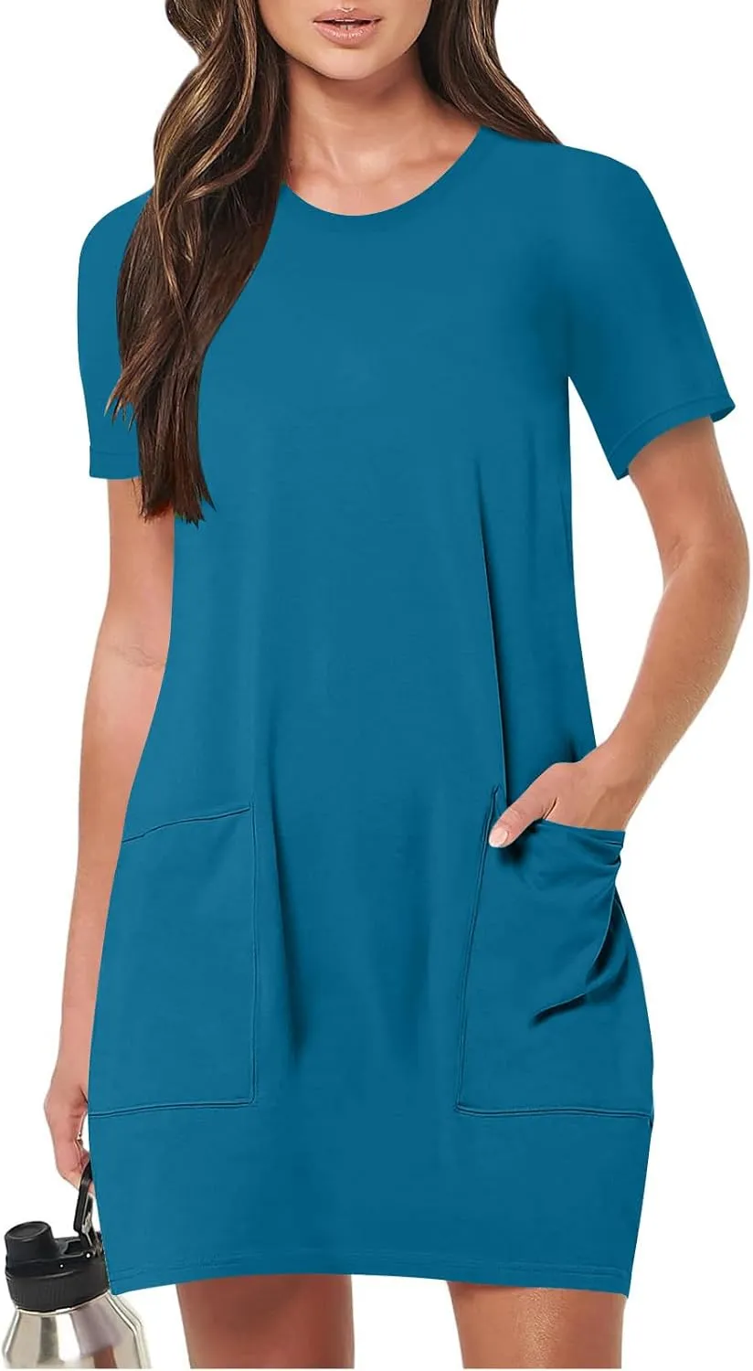 Women Tshirt Dress with Pockets Summer Casual Short Sleeve Sundresses Crew Neck Modest Dresses A Line Mini Dress
