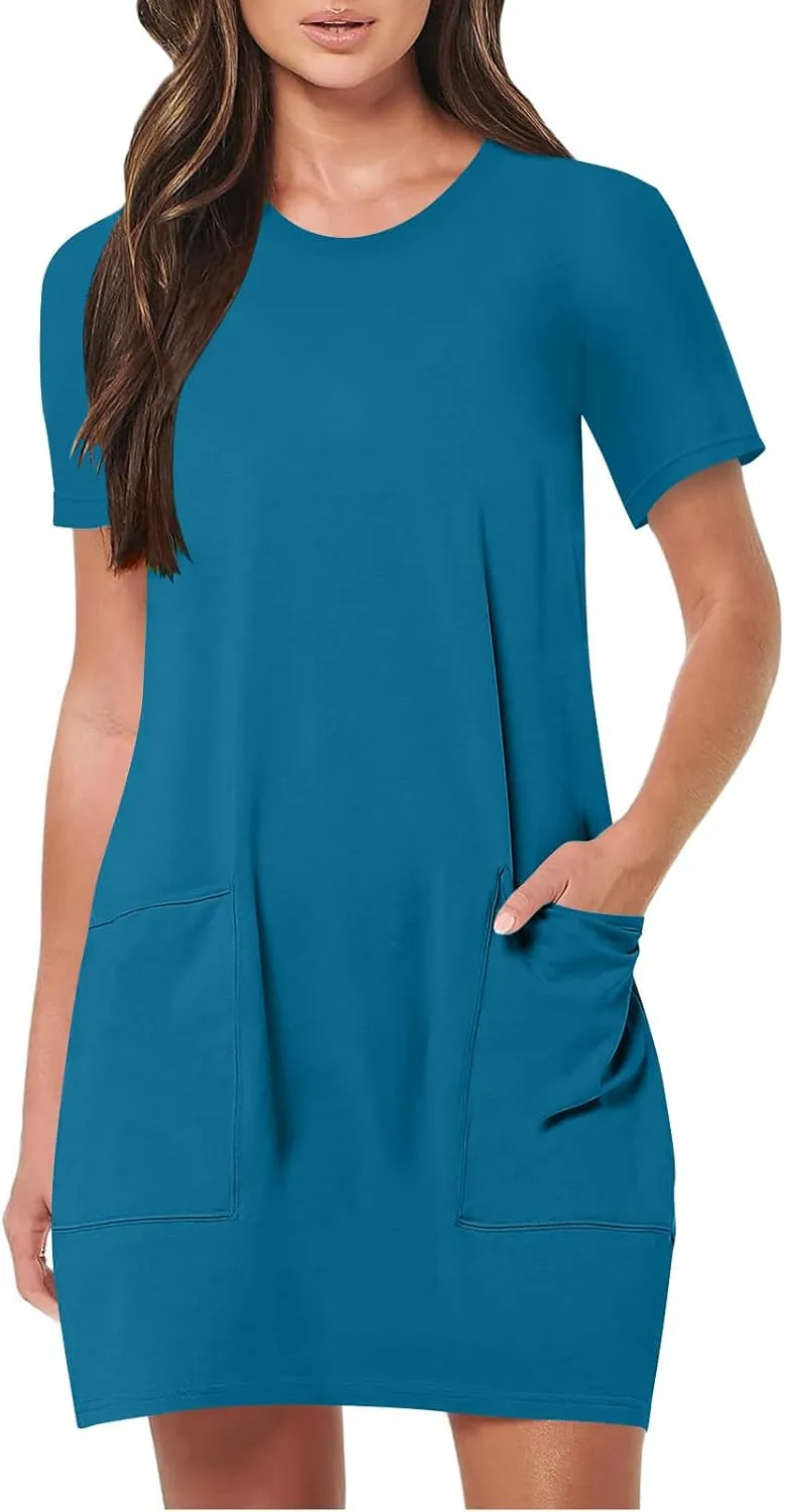 Women Tshirt Dress with Pockets Summer Casual Short Sleeve Sundresses Crew Neck Modest Dresses A Line Mini Dress