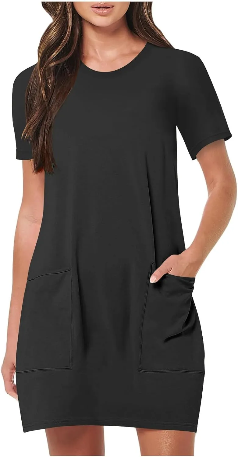 Women Tshirt Dress with Pockets Summer Casual Short Sleeve Sundresses Crew Neck Modest Dresses A Line Mini Dress