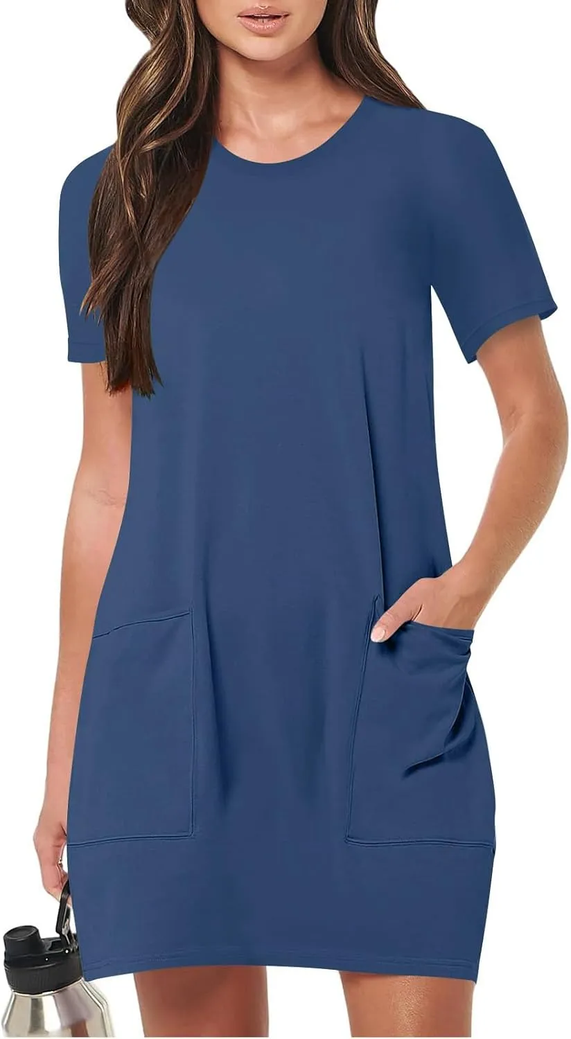 Women Tshirt Dress with Pockets Summer Casual Short Sleeve Sundresses Crew Neck Modest Dresses A Line Mini Dress