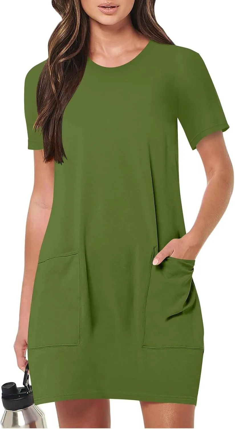 Women Tshirt Dress with Pockets Summer Casual Short Sleeve Sundresses Crew Neck Modest Dresses A Line Mini Dress