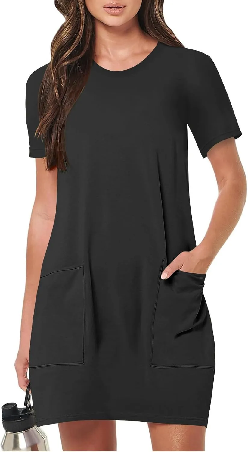 Women Tshirt Dress with Pockets Summer Casual Short Sleeve Sundresses Crew Neck Modest Dresses A Line Mini Dress