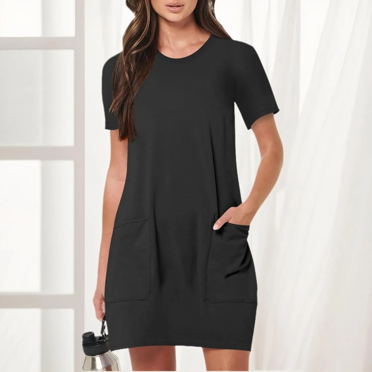Women Tshirt Dress with Pockets Summer Casual Short Sleeve Sundresses Crew Neck Modest Dresses A Line Mini Dress