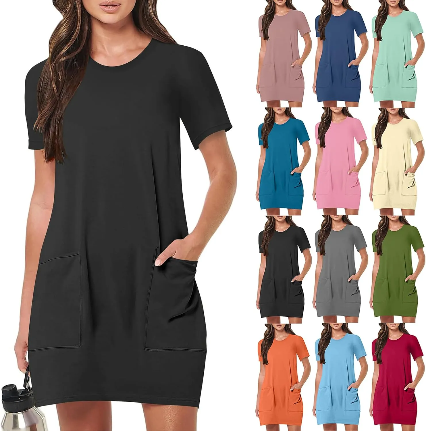 Women Tshirt Dress with Pockets Summer Casual Short Sleeve Sundresses Crew Neck Modest Dresses A Line Mini Dress
