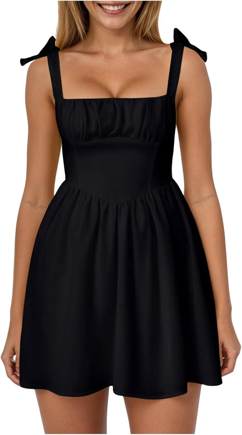 Women Y2k Mini Dress Ruffle Hem Tie Back Short Dress Flowy A Line Bodycon Dresses Party Clubwear