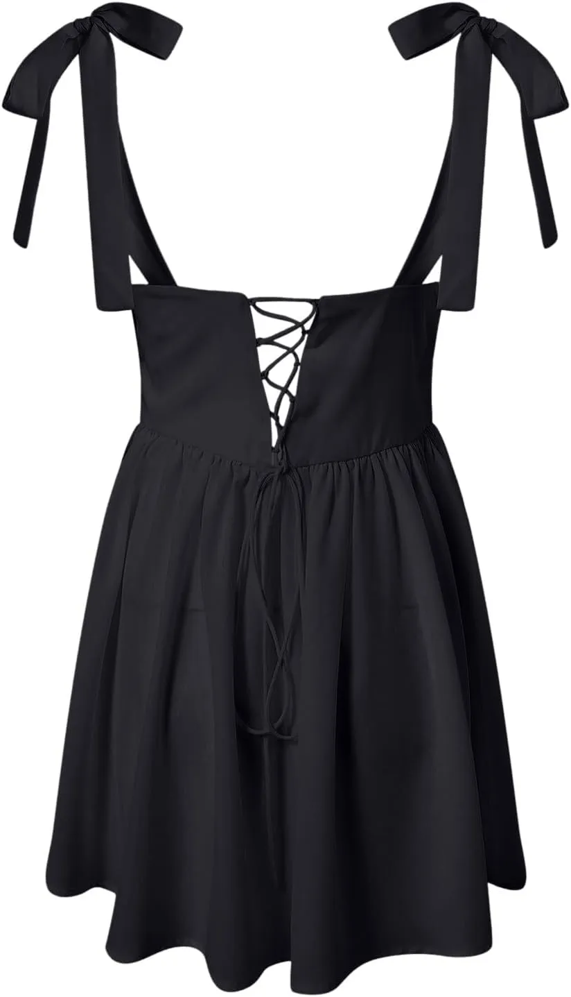 Women Y2k Mini Dress Ruffle Hem Tie Back Short Dress Flowy A Line Bodycon Dresses Party Clubwear