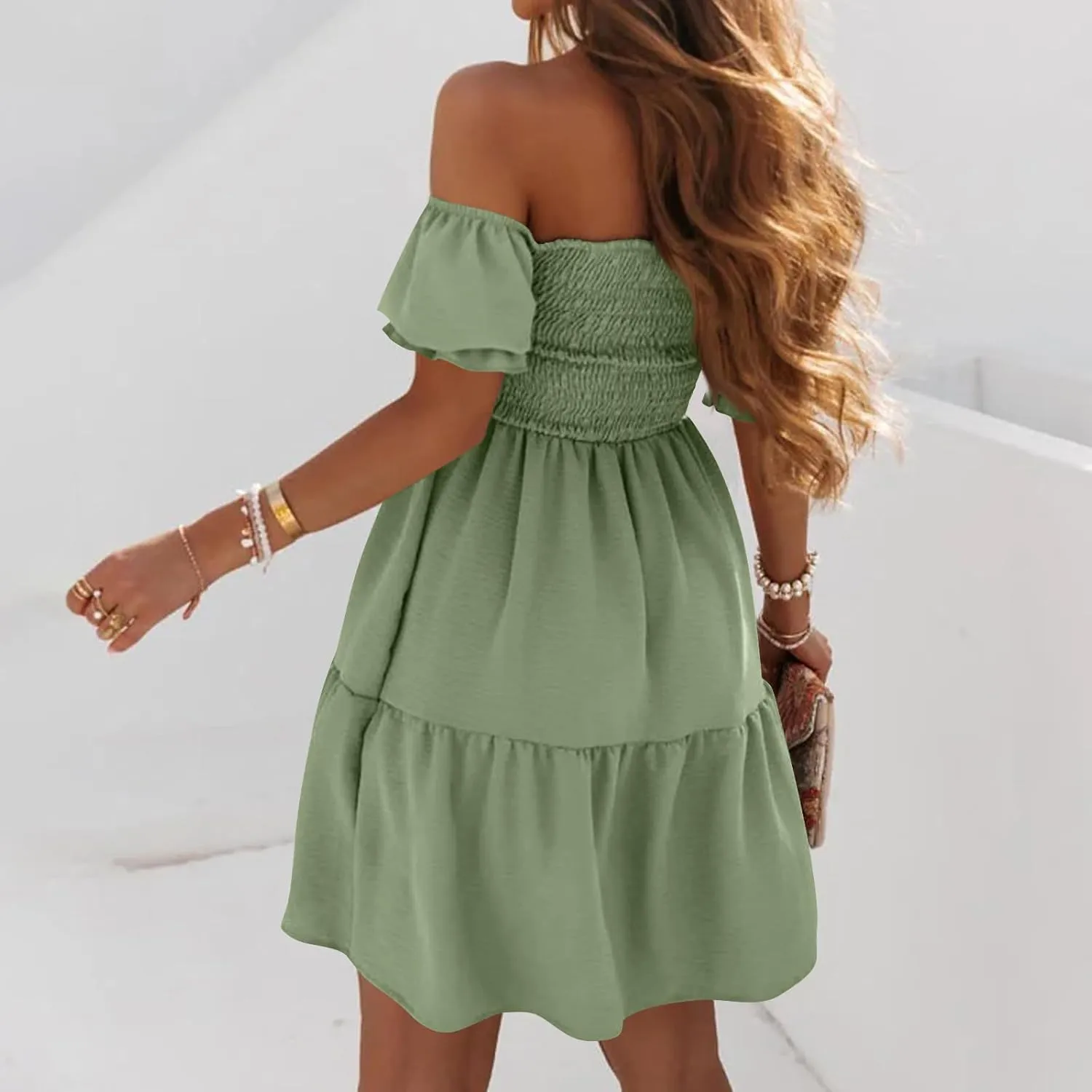 Women's 2024 Boho Summer Square Neck Puff Sleeve Off Shoulder Smocked Tiered Casual Ruffle A Line Flowy Mini Dress