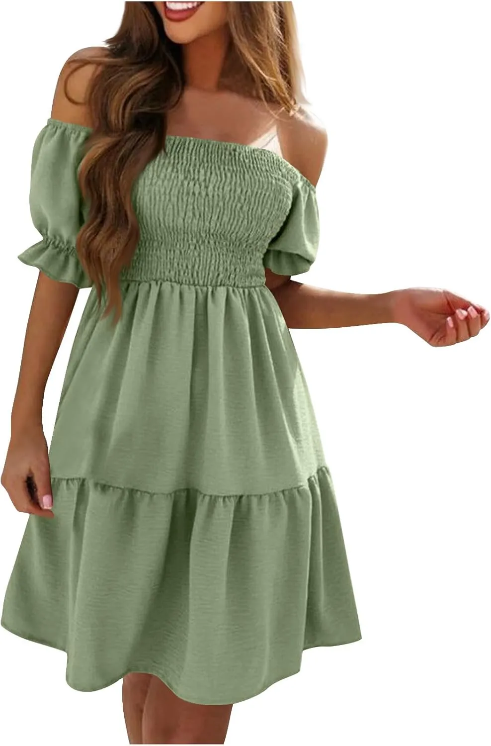 Women's 2024 Boho Summer Square Neck Puff Sleeve Off Shoulder Smocked Tiered Casual Ruffle A Line Flowy Mini Dress