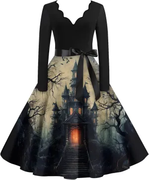 Womens 2024 Summer Fall Casual Fashion Long Sleeve Christmas Halloween Graphic Printed Classic Vintage Dresses