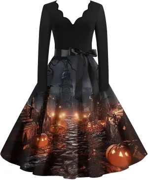 Womens 2024 Summer Fall Casual Fashion Long Sleeve Christmas Halloween Graphic Printed Classic Vintage Dresses