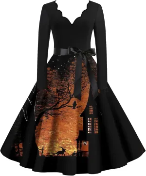 Womens 2024 Summer Fall Casual Fashion Long Sleeve Christmas Halloween Graphic Printed Classic Vintage Dresses