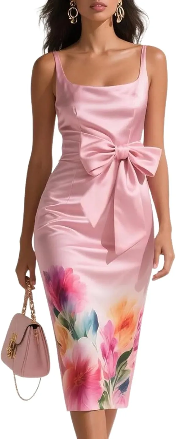 Women's 2025 Summer Chic Floral Print Straps Sleeveless Slim Midi Dress Elegant Party Club Cocktail Formal Dresses