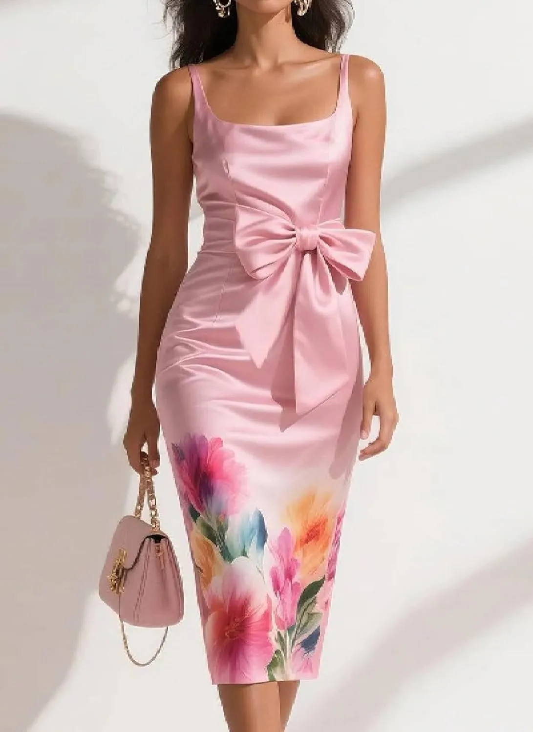 Women's 2025 Summer Chic Floral Print Straps Sleeveless Slim Midi Dress Elegant Party Club Cocktail Formal Dresses