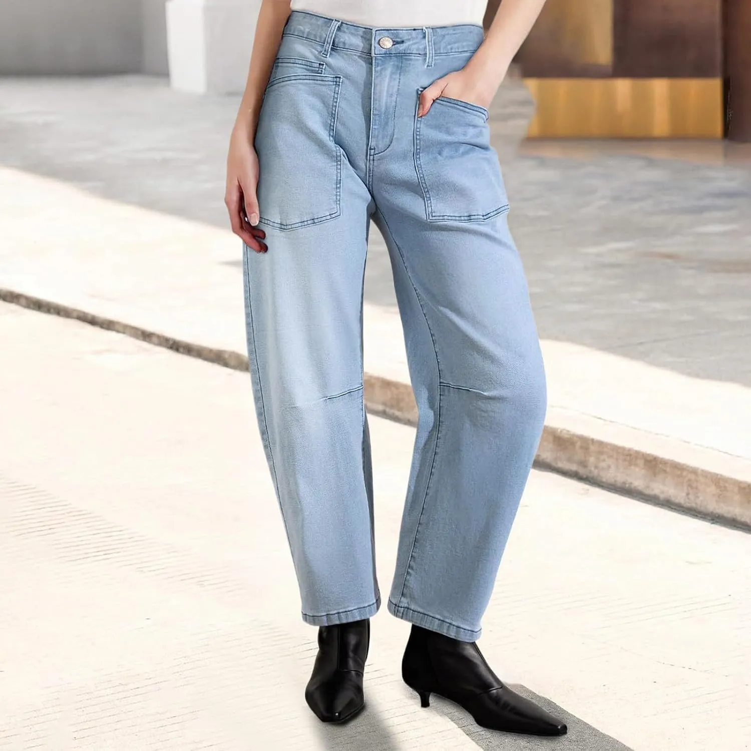 Womens Baggy Barrel Jeans High Waisted Wide Leg Vintage Cropped Denim Pants Boyfriend Jeans Trousers with Front Pockets
