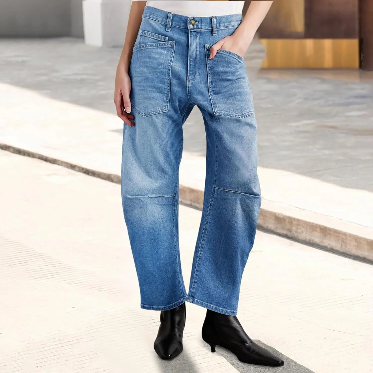 Womens Baggy Barrel Jeans High Waisted Wide Leg Vintage Cropped Denim Pants Boyfriend Jeans Trousers with Front Pockets